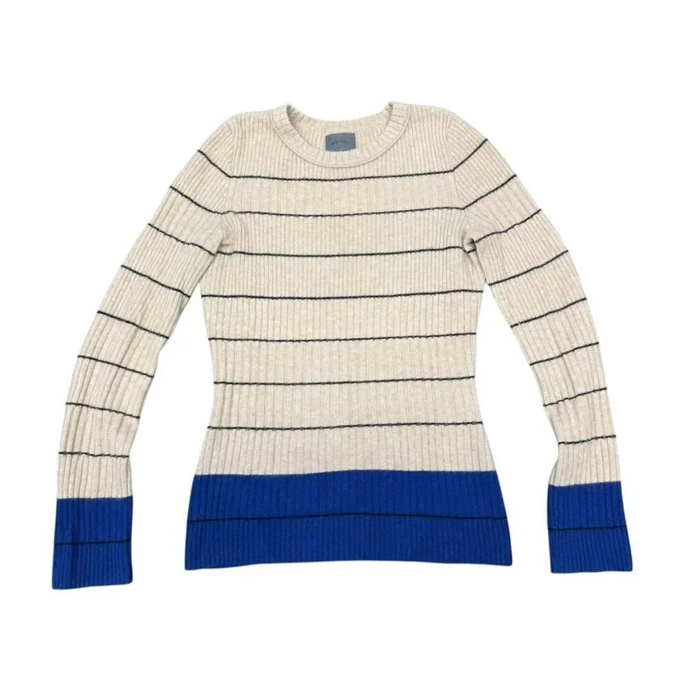 Maiyet 100% Cashmere Sweater XL Ribbed Stripe Beige Blue Mongolian